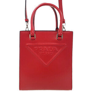Prada Triangle Logo Leather North South Tote Bag Red